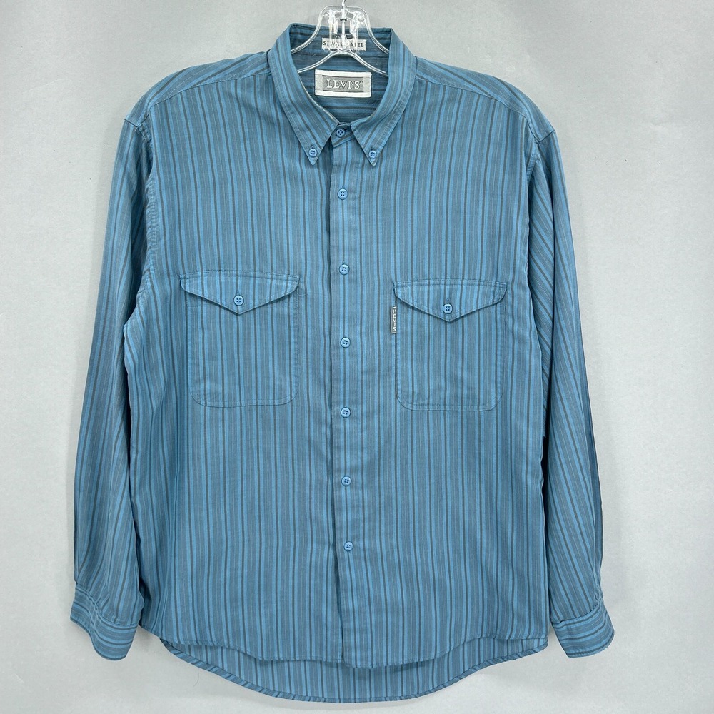 Vintage Levis Shirt Men Large Work Button Up Blue Stripe Silver Label Big E 80s